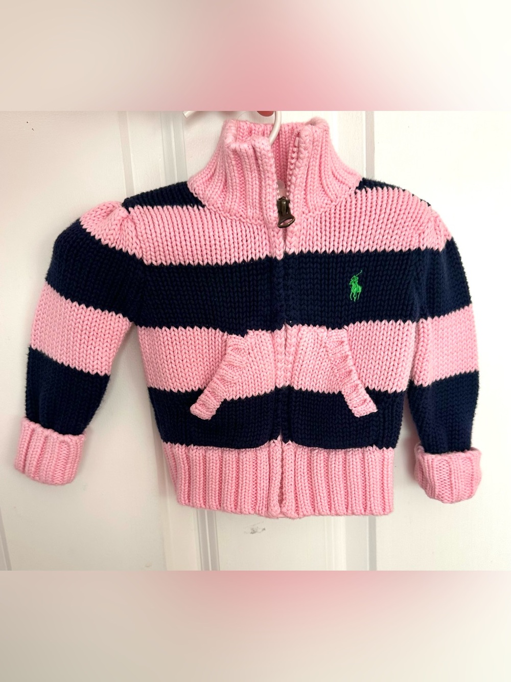 Ralph Lauren Baby 9M Pink Navy Stripe Chunky Knit Full Zip Cardigan Sweater Pony